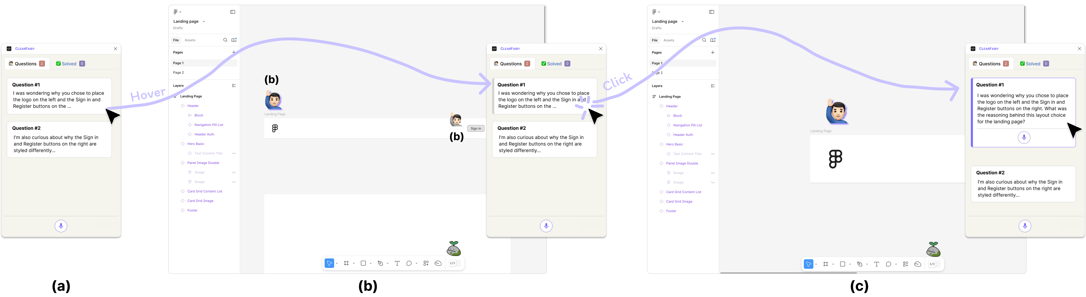 In-Situ Questioning in ClearFairy — clarification question appearing on Figma canvas